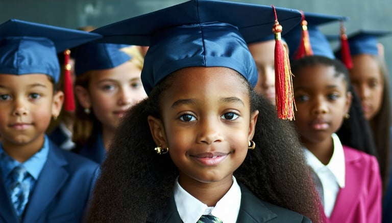 This is a decorative image of young students in graduation cap and gowns. 