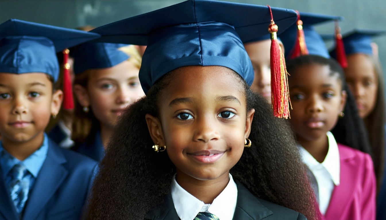 This is a decorative image of young students in graduation cap and gowns. 