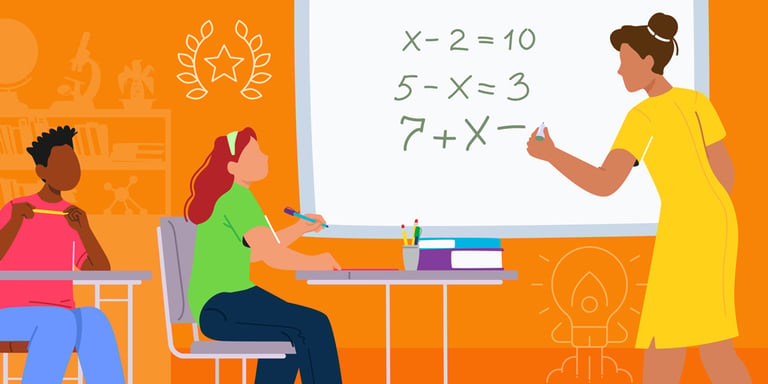 A teacher writes algebra equations on a whiteboard while students take notes in a classroom setting.