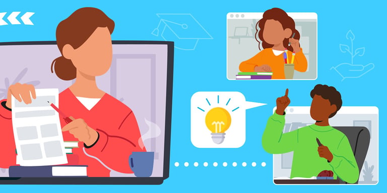 Online learning session with three students. One points at a document, another thinks with a pencil, and one raises a finger with a lightbulb symbol.