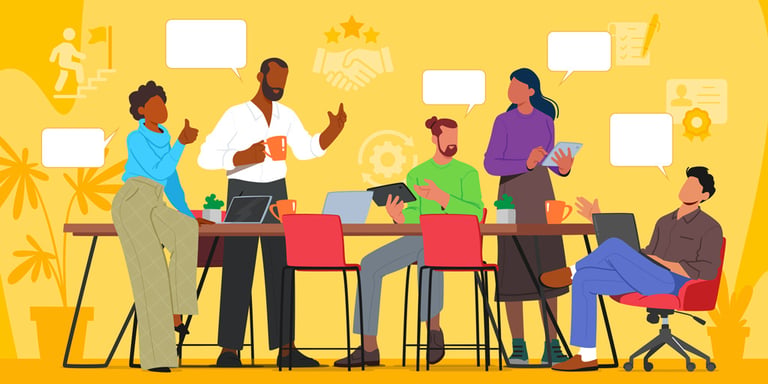 Illustration of a diverse group of professionals discussing and collaborating around a table with speech bubbles above them.