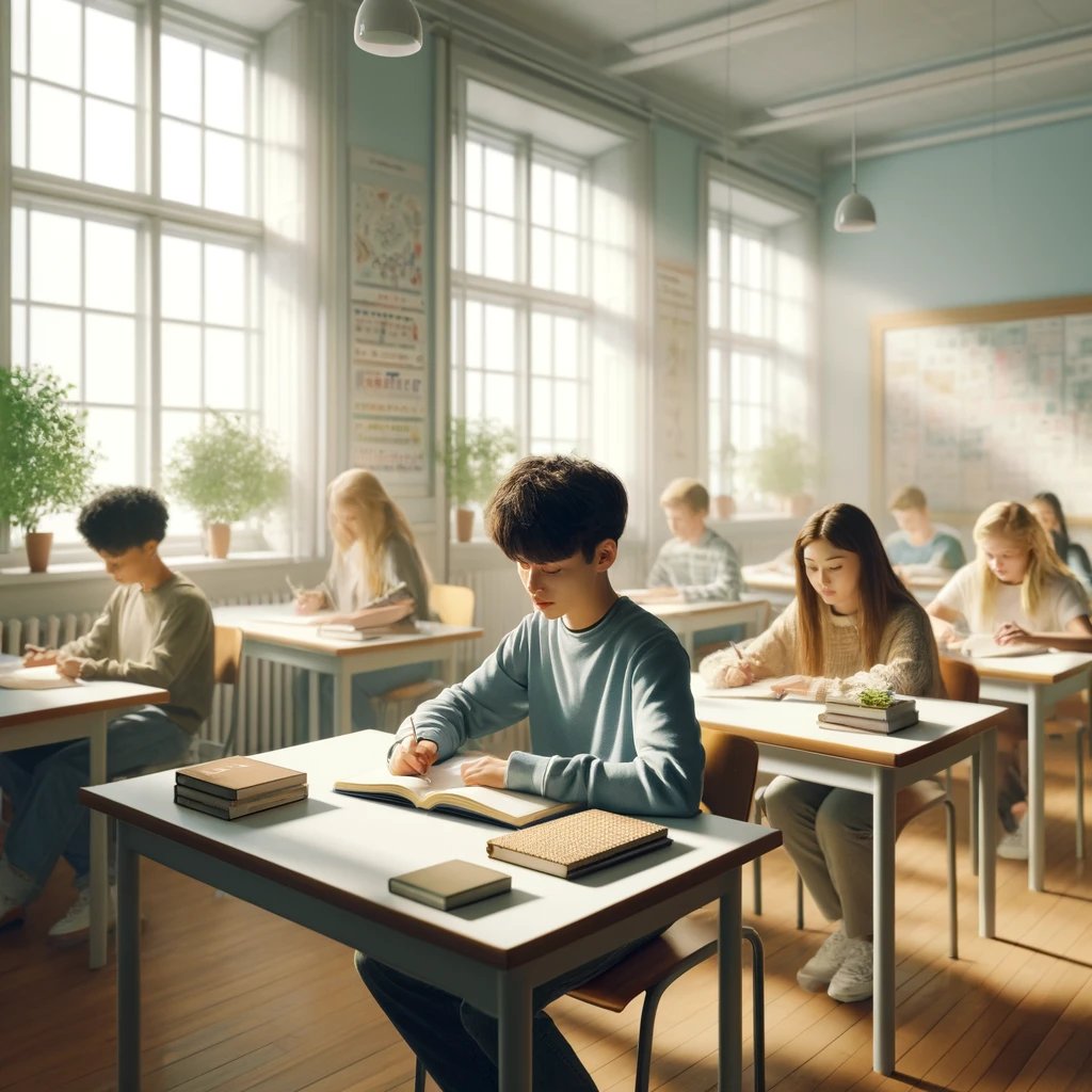 DALL·E 2024-04-26 14.44.04 - A serene classroom in Finland depicting students engaged in learning. The room is bright and airy, with large windows letting in natural light. There  (1)