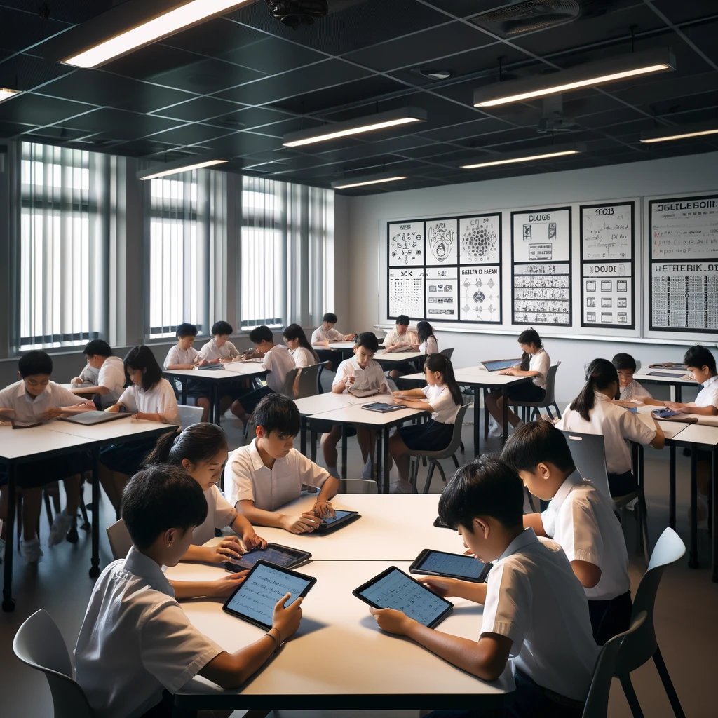 DALL·E 2024-04-26 14.45.44 - A modern classroom in Singapore, showing students engaged in a learning session. The classroom is sleek and well-organized, with about four students o (1)