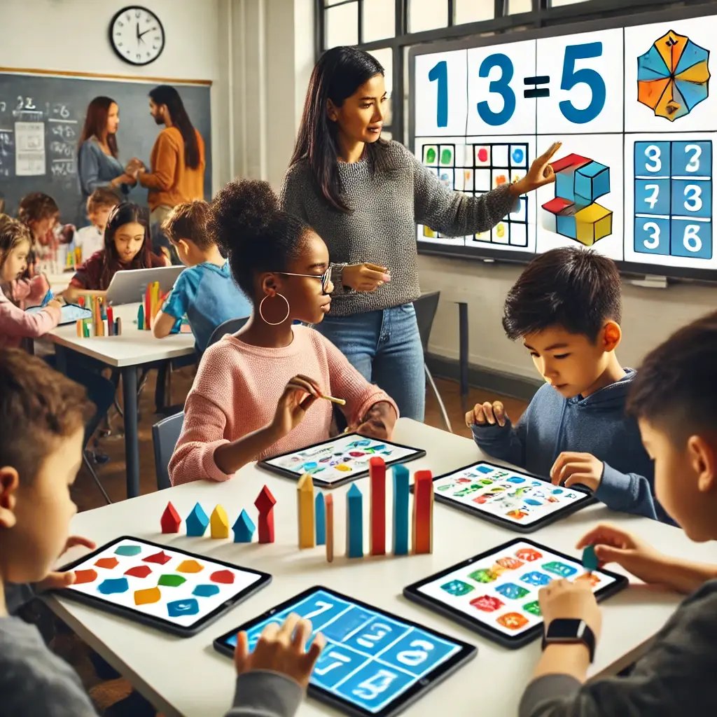 DALL·E 2024-06-27 11.39.11 - A diverse classroom setting with students of various ethnic backgrounds using virtual math manipulatives on tablets and interactive whiteboards. The s