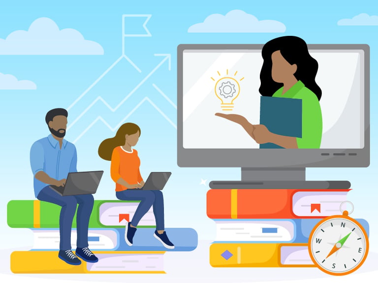 This is an image of two people with mobile devices sitting on a pile of books. They are listening to a teacher virtually.
