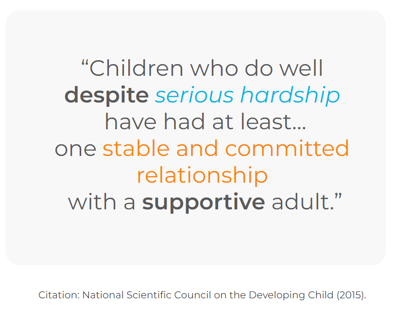quote: Children who do well despite serious hardship have at least one stable and committed relationship with a supportive adult. National Scientific Council on the Developing Child (2015).
