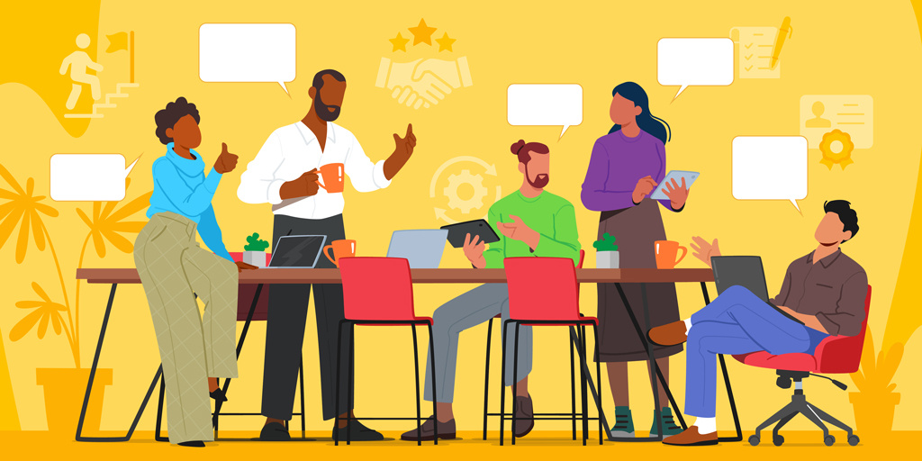 Illustration of a diverse group of professionals discussing and collaborating around a table with speech bubbles above them.