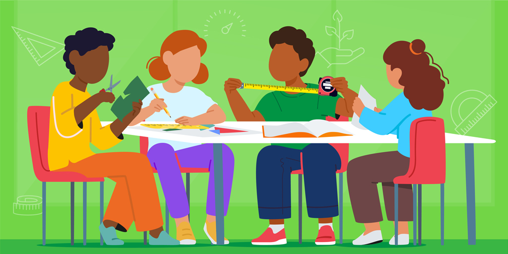 A diverse group of students gathered around a table, engrossed in a measurement activity. They are holding measuring tapes, rulers, and other measurement tools, while exploring a book that lies open in the center. The excitement and curiosity on their faces reflect their engagement in the integrated learning experience.