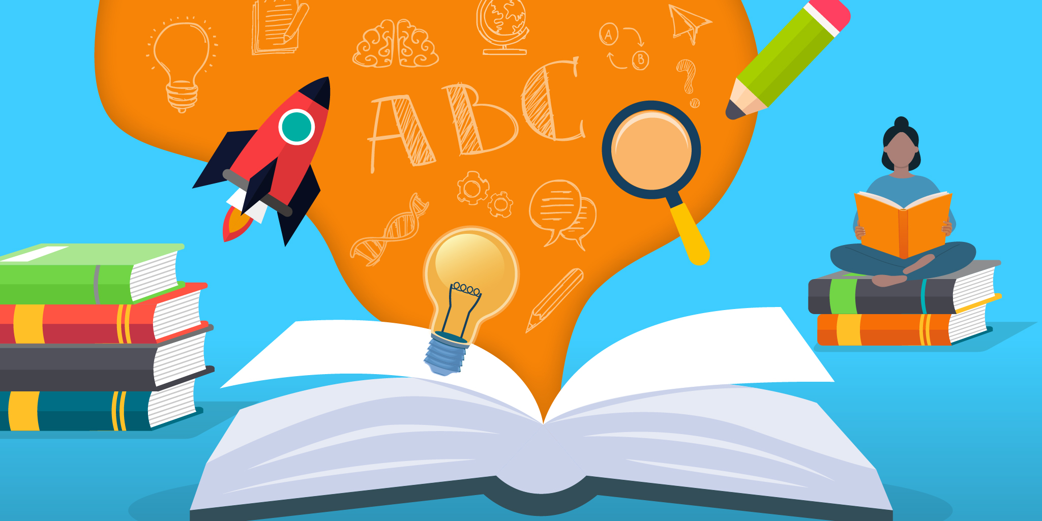 An illustration featuring reading-related elements like books, alphabets, and a lightbulb, symbolizing the comprehensive approach of BookNook's reading instruction strategies, complemented by exclusive 'Nook Nuggets'.