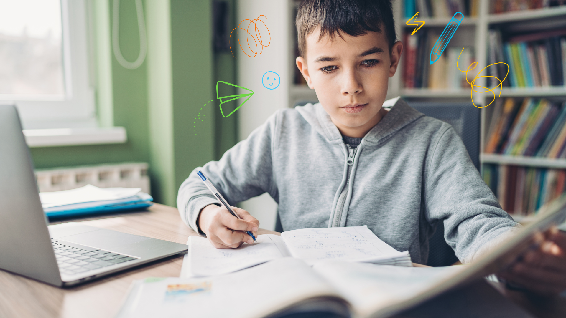 A boy is participating in a virtual high-impact tutoring session. 